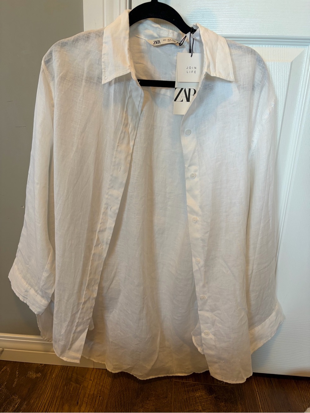 Zara White Linen-Blend Casual Button-Down Shirt